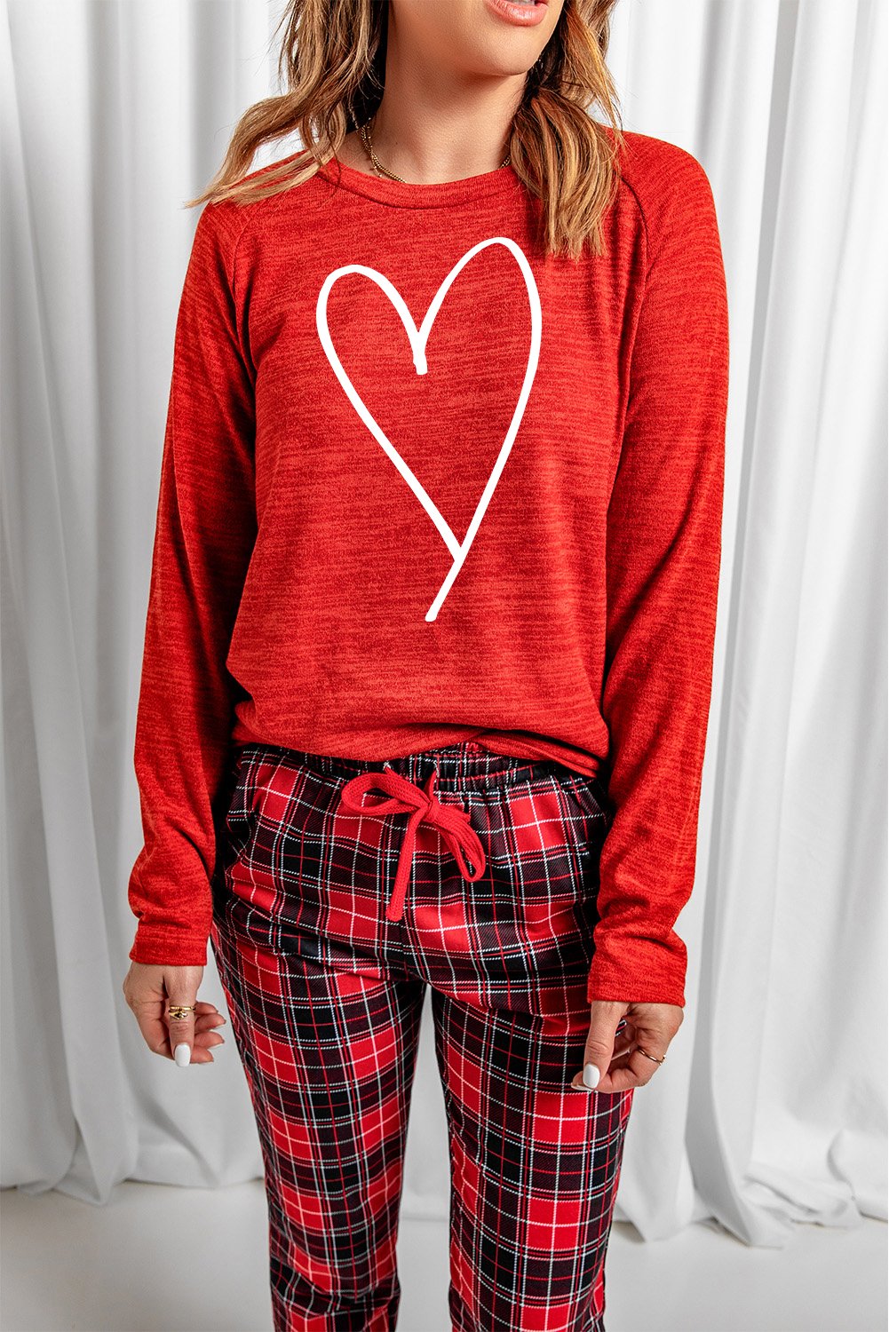Red Heart Print Plaid Lounge Set